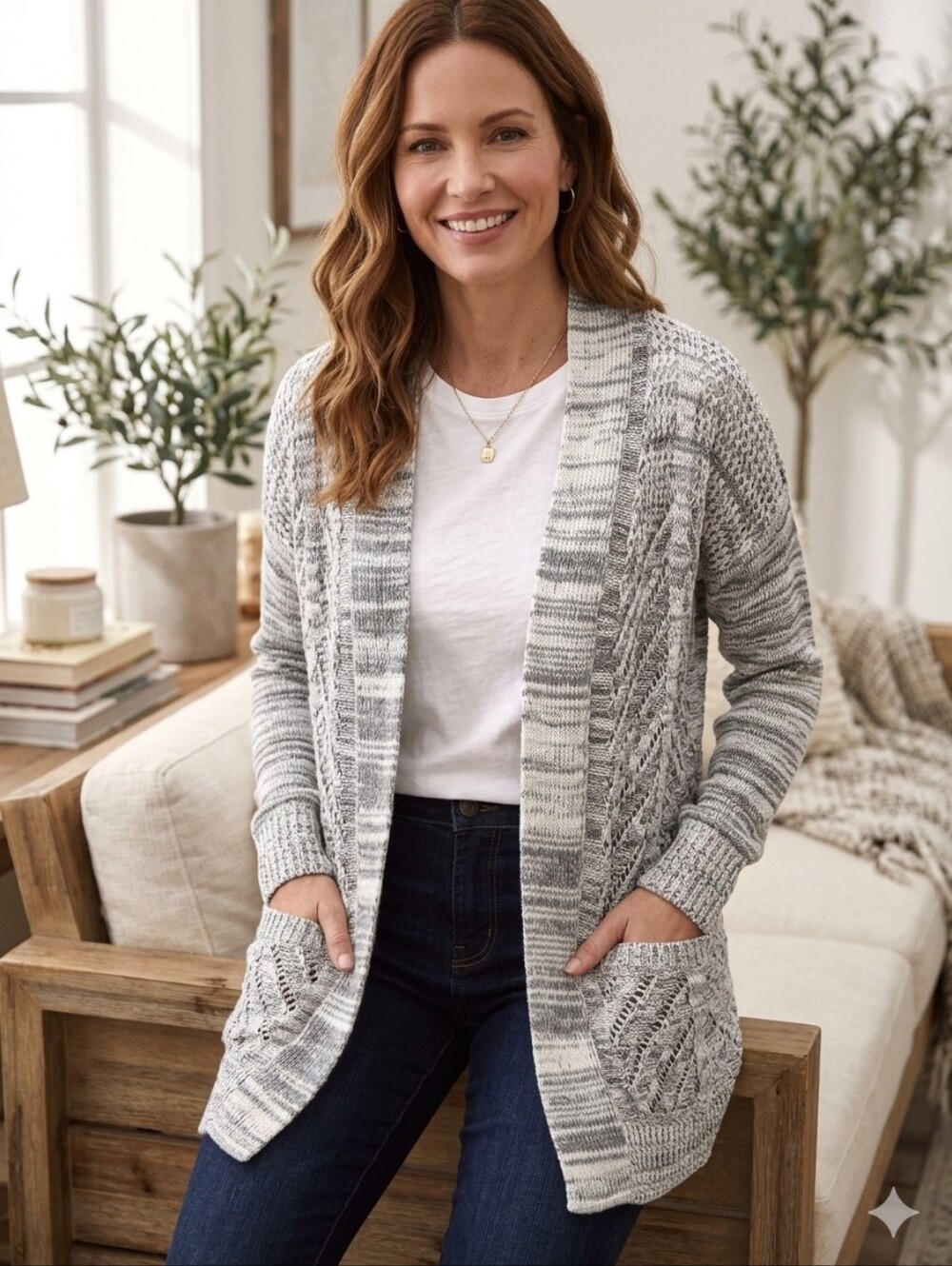 Leo & Nicole Marled Chevron Pointelle Light Gray Open-Front Cardigan Sweater L